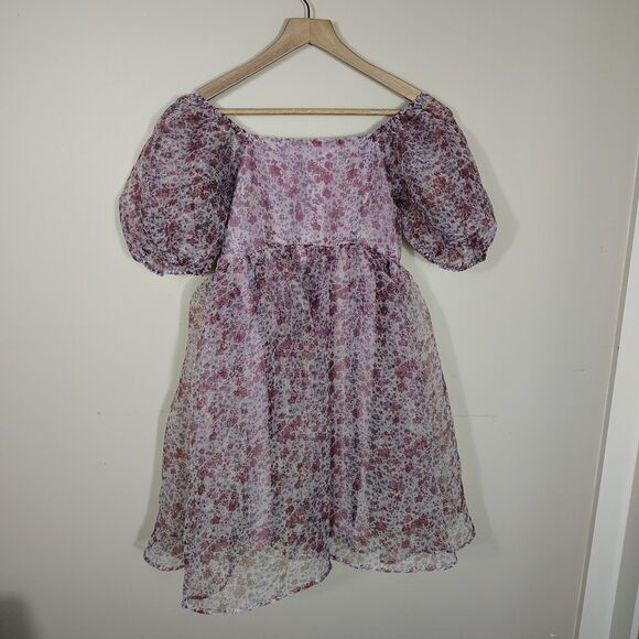 Floral Puff Sleeve Chiffon Mini Dress Purple Cottagecore Fairy Size M - Picture 2 of 10